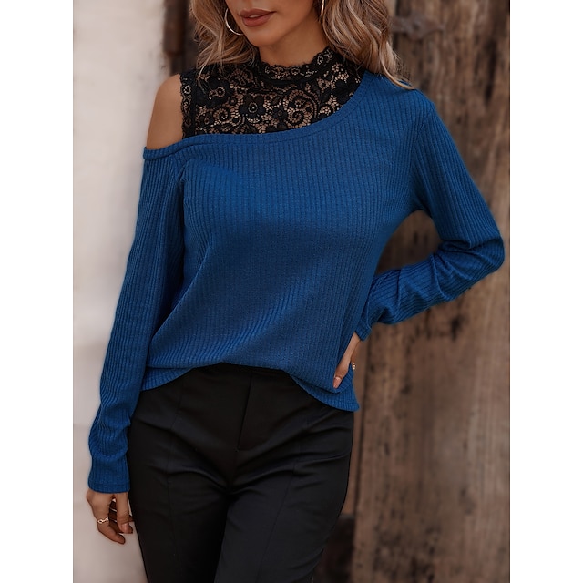  Women's Shirt Blouse Blue Lace Patchwork Plain Casual Long Sleeve Round Neck Basic Regular S