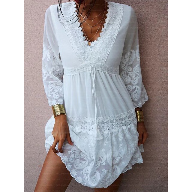  Women's Casual Dress Lace Dress Mini Dress White Pure Color 3/4 Length Sleeve Winter Fall Spring Lace Classic V Neck Loose Fit Daily Date 2023 S M L XL 2XL