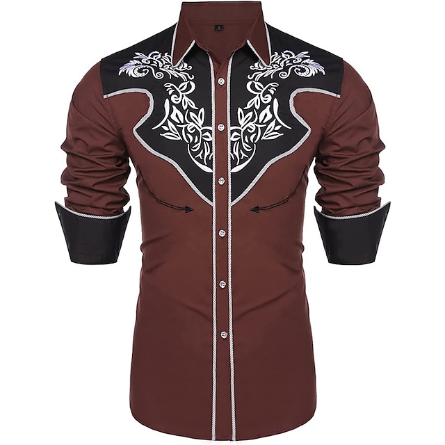 Men's Shirt Western Shirt Floral Graphic Prints Leaves Turndown Red ...