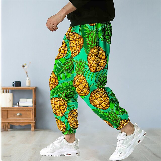 Men's Trousers Summer Pants Bloomers Baggy Harem Pants Drawstring Elastic Waist Fruit Pineapple Graphic Prints Comfort Casual Daily Holiday Cotton Blend Sports Designer Yellow Blue Micro-elastic4