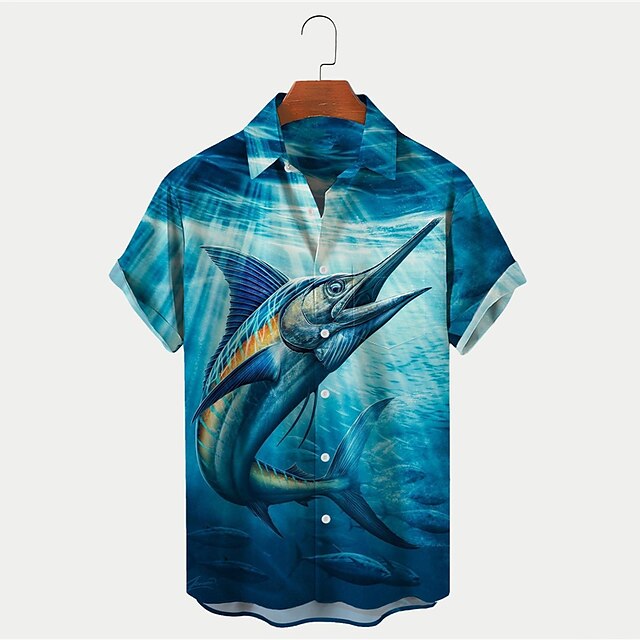  Herren Tier Fische Seelandschaftsmuster Hemd Hawaiihemd Sommerhemd Aloha-Shirt Kurze Ärmel Hemd Umlegekragen Modisch Designer Brautkleider schlicht Outdoor Strasse Casual Blau S M L
