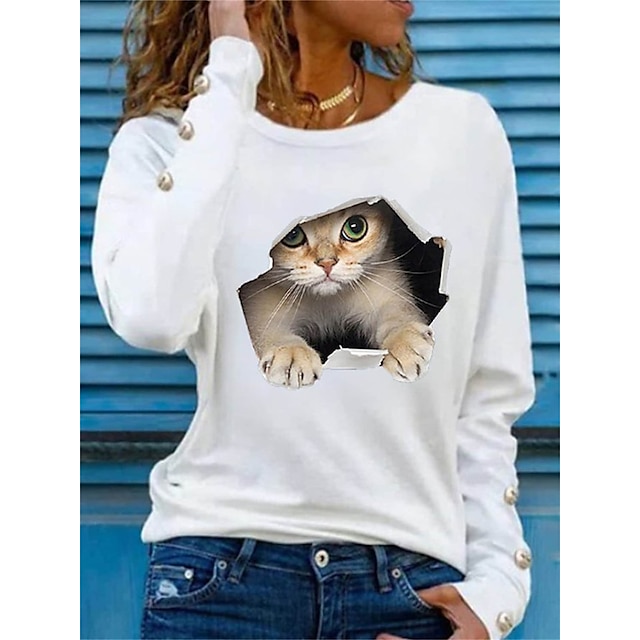  Women's T shirt Tee White Print Cat 3D Daily Weekend Long Sleeve Round Neck Basic Regular 3D Cat Painting S