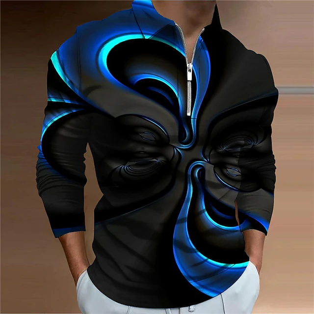 Men's Graphic Zip Polo Shirts Golf Shirt Long Sleeve Polo Shirts Collared Shirts Casual Vacation Wear Rave Wear Party Outfits 3D Print Quarter Zip Polo Black White Yellow 7