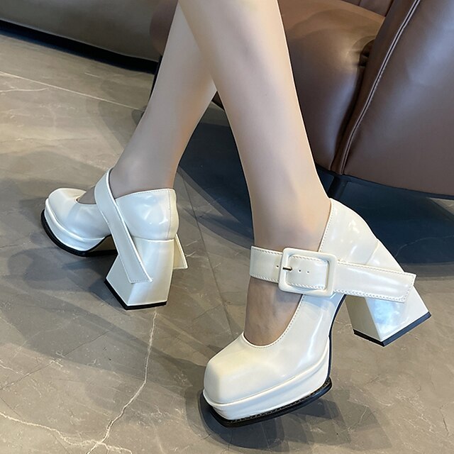 Women's Heels Chunky Heel Round Toe PU Leather Ankle Strap Black White