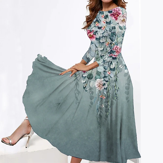 Women's Midi Dress Tiered Dress Elegant Vintage Date Regular Fit Flower Long Sleeve Crew Neck Blue Green Grey Summer Spring Fall Autumn 6