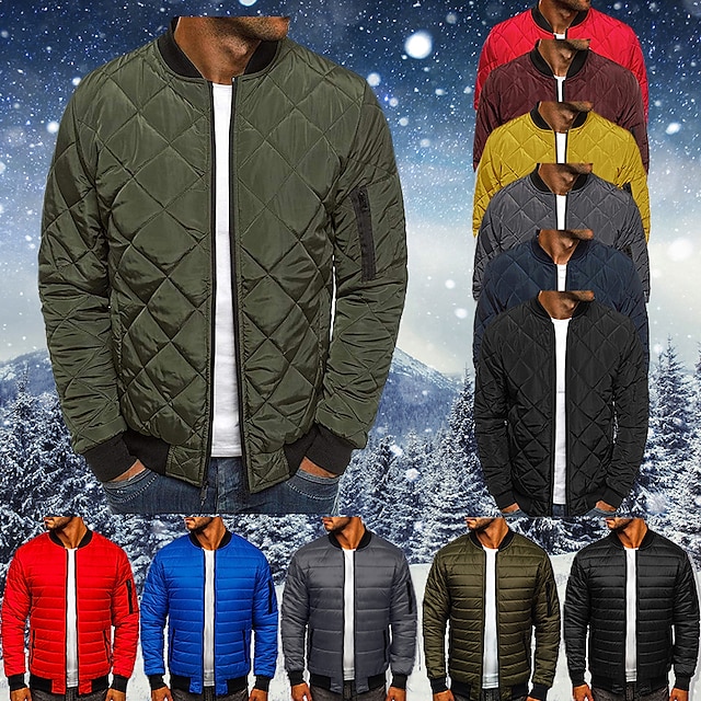  Men's Bomber Jacket Quilted Jacket Padded Sports & Outdoor Casual Classic & Timeless Warm Winter Solid Color Navy Wine Red ArmyGreen Black Puffer Jacket