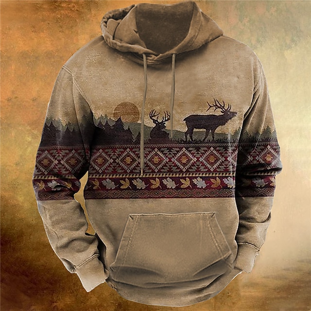 Men's Pullover Hoodie Sweatshirt Brown Hooded Elk Bohemian Style ...