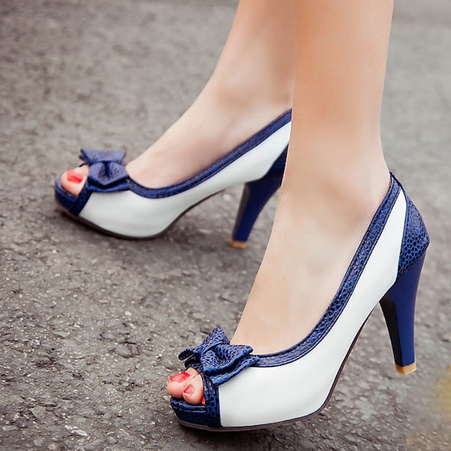  Women's Sandals Stilettos Platform Sandals Party Daily Bowknot High Heel Peep Toe Cute Elegant PU Leather Loafer Color Block White Rosy Pink Blue
