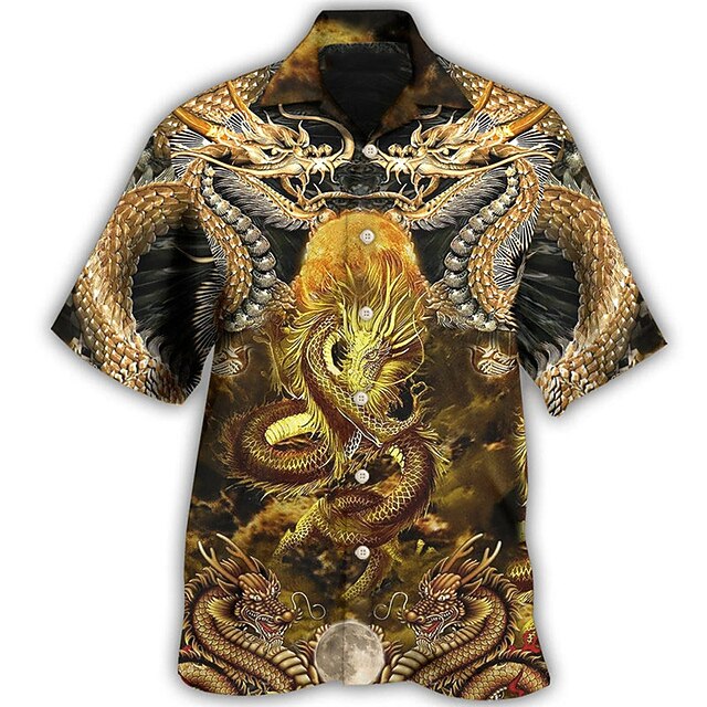 Men's Dragon Shirt Button Up Shirt Short Sleeve Tropical Fashion Hawaiian Casual Holiday Beach Summer Spring Turndown Print Button-Down Gold3
