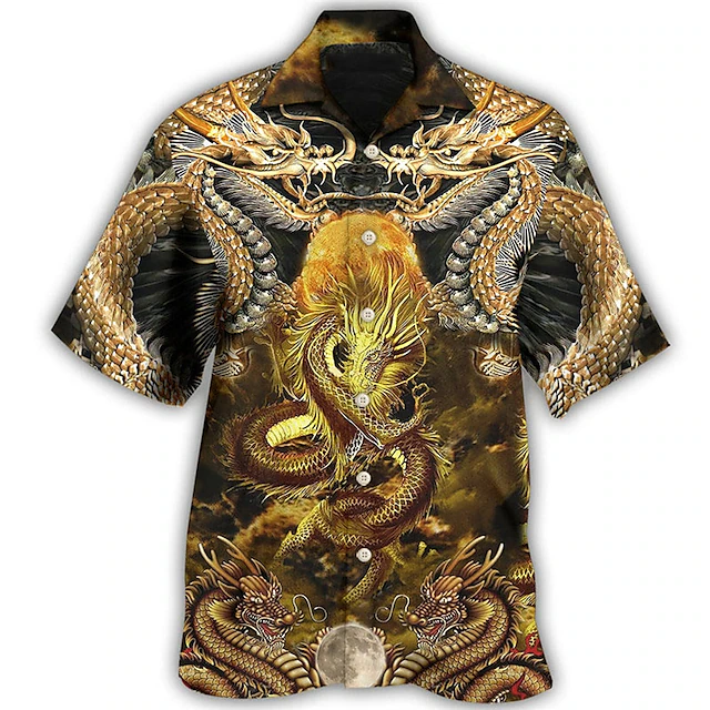Men's Dragon Shirt Button Up Shirt Short Sleeve Tropical Fashion Hawaiian Casual Holiday Beach Summer Spring Turndown Print Button-Down Gold3