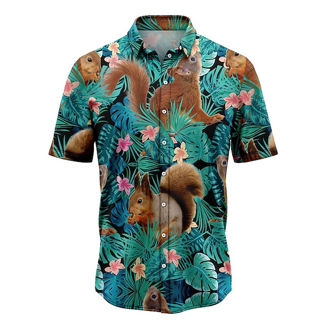  Herr Skjorta Hawaii skjorta Grafiska tryck Ekorre Löv Nedvikt Blå Gata Ledigt Kort ärm Mönster Button-Down Kläder Tropisk Mode Hawaiisk Designer