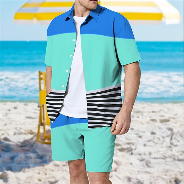  男性用 シャツセット ストライプ グラフィック 折襟 ブルー ピンク 3Dプリント ストリート カジュアル 半袖 プリント 衣類 トロピカル風 ファッション デザイナー ハワイアン