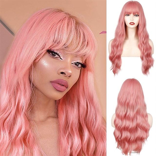 Long Pastel Pink Wig with BangsSynthetic long Light Pink Wigs for