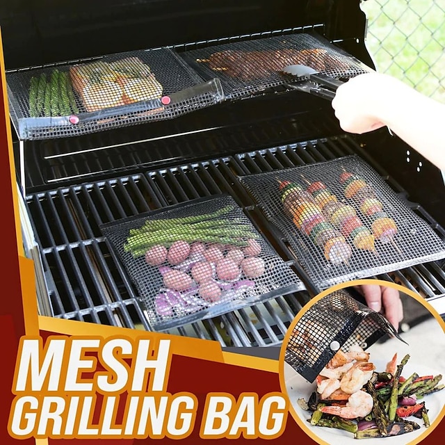  Reusable Non-Stick Bbq Mesh Grilling Bags,Bbq Barbecue Bag Teflon Mesh Bag Non-Stick Barbecue Mesh Bag Glass Fiber Non-Stick Barbecue Mesh Bag