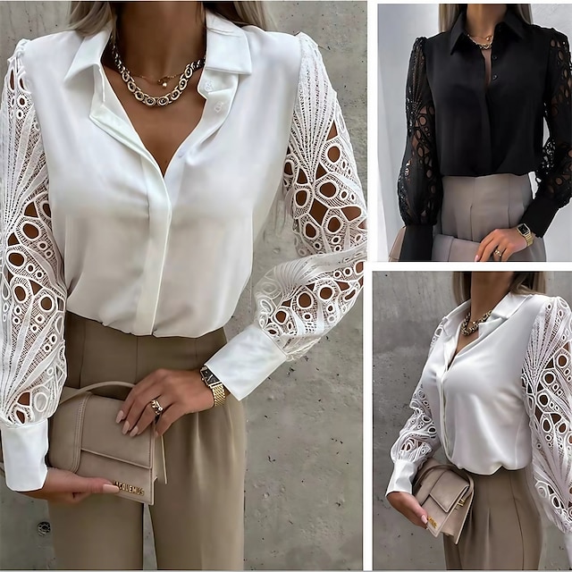  Women's Shirt Lace Shirt Blouse Eyelet top Cotton Solid / Plain Color Patchwork Hole Office Street Going out Elegant Fashion Daily Shirt Collar Black Spring &  Fall Fall & Winter