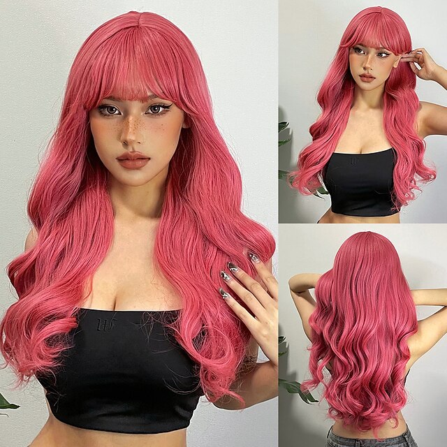  26 pouces perruques synthétiques femmes perruque rose longue vague cheveux bouclés avec une frange quotidienne belle fête cosplay