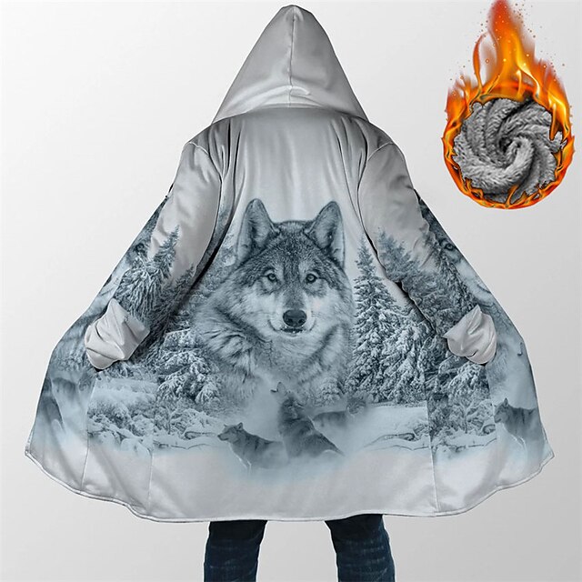 Men's Winter Coat Fleece Jacket Coat Sports & Outdoor Daily Wear Warm Breathable Zipper Pocket Fall & Winter Animal Wolf Fashion Streetwear Hoodie Long Regular Fit Gray Jacket2