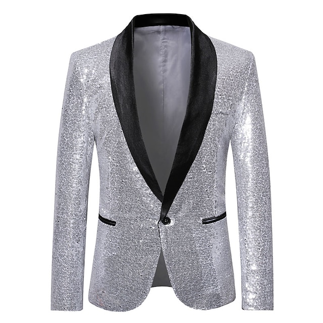  Men's Blazer Cocktail Party Bar Shining Outdoor Pocket Sequin Fall Winter Plain Stylish Warm Ups Shawl Collar Black Silvery Wine Royal Blue Gold Jacket