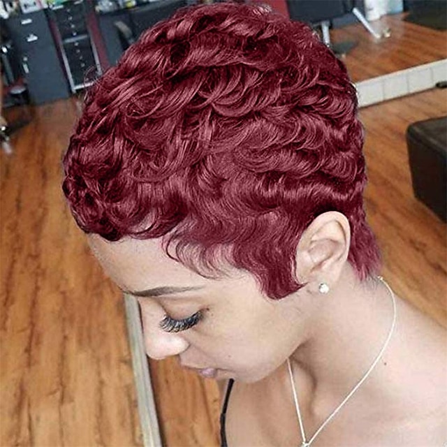 krótkie kręcone fryzura pixie peruki z grzywką wino czerwony kolor peruki z krótkich ludzkich włosów dla czarnych kobiet śliczne codzienne noszenie peruka bordowy kolor 99j