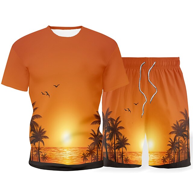 Men's Shorts and T Shirt Set TShirt Outfits Graphic Sunset Beach Crew