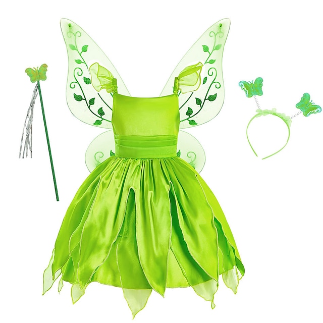  Tinker Bell Fairytale Princess Tiana Flower Girl Dress Theme Party Costume Accessories Set Girls' Movie Cosplay Halloween Green Dress Halloween Carnival Masquerade Organza World Book Day Costumes