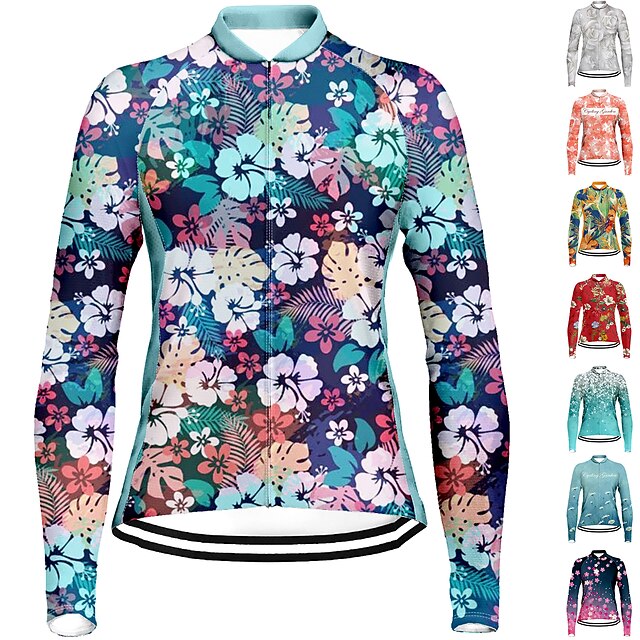  21Grams Women's Cycling Jersey Long Sleeve Bike Jersey Top with 3 Rear Pockets Mountain Bike MTB Road Bike Cycling Breathable Quick Dry Moisture Wicking Reflective Strips White Rosy Pink Peach Floral