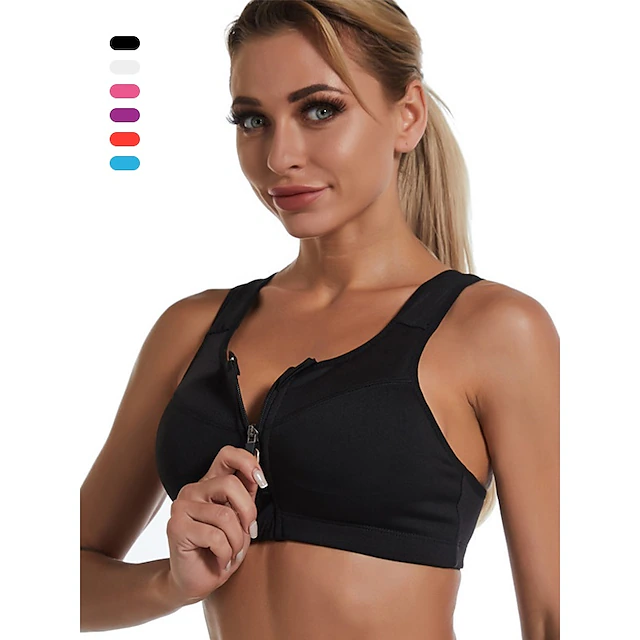 Women's High Support Sports Bra Running Bra Wirefree Zip Front Bra Top Padded Yoga Gym Workout Running High Impact Breathable Quick Dry Spandex Black Blue Purple Solid Colored Home Outfits 15