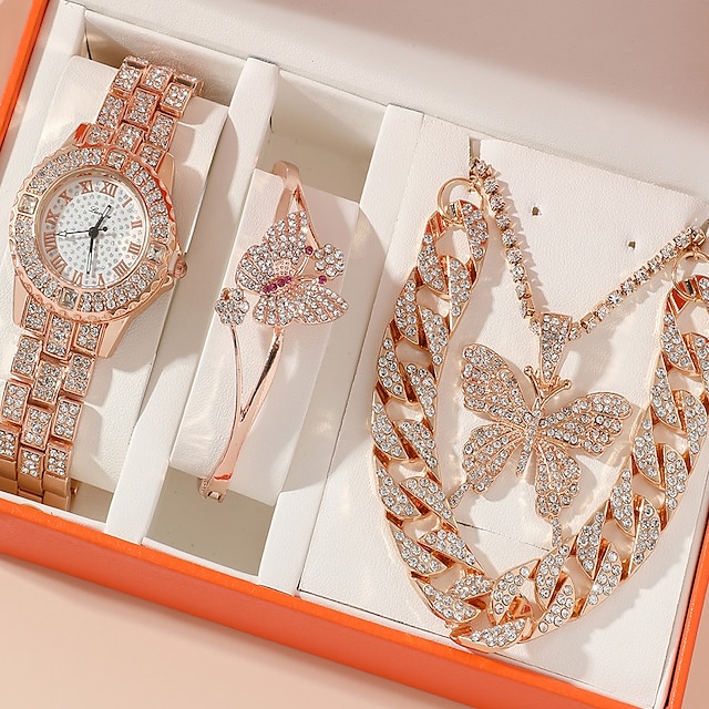 Luxury Women Watch Set Gold Watches Necklaces Bracelet Cuban Chain Butterfly Rhinestones Bling Jewelry 4Pcs Sets Gifts For women