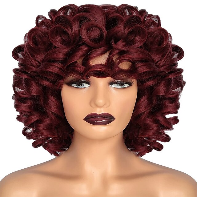 Short Wine Red Curly Wigs For Black Women 14 Big Curly Wig With Bangs Afro Kinky Soft Curls