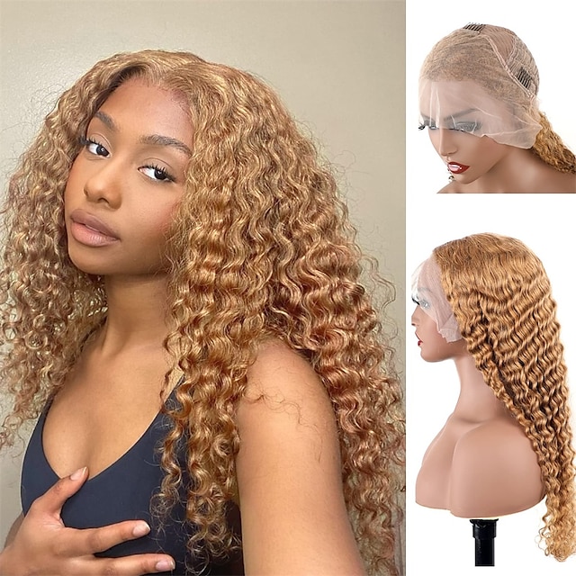  Light Brown Colored 10A Human Hair Blonde Wig Lace Front for Women 13x4 HD Transparent Pre Plucked Deep Wave Curly Glueless Wigs 180% Density #27 Color 18 Inch