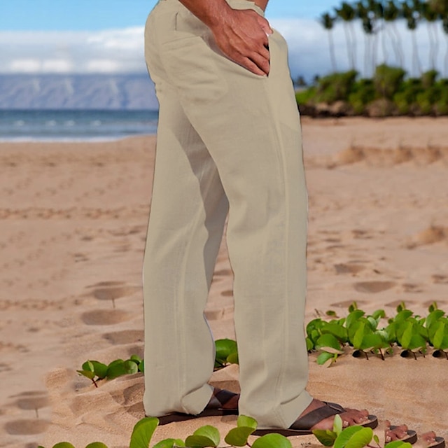 Men's Linen Pants Trousers Summer Pants Beach Pants Drawstring Elastic