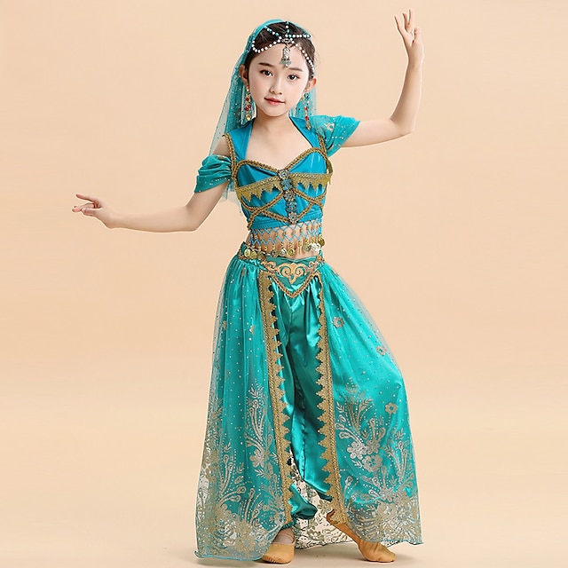  Bauchtanz Tanzkleidung für Kinder oben Spitze Pailletten Mädchen Leistung Kostümparty Kurzarm Hoch Lycra