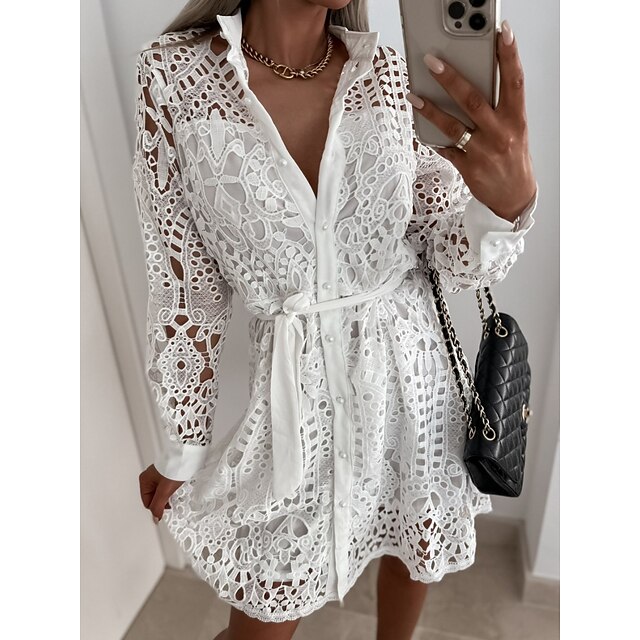  Women's Shirt Dress Casual Dress Cut Out Dress Outdoor Daily Date Mini Dress Fashion Casual Polyester Lace Lace up Lace Shirt Collar Summer Spring Fall Long Sleeve Regular Fit 2023 Black White Khaki