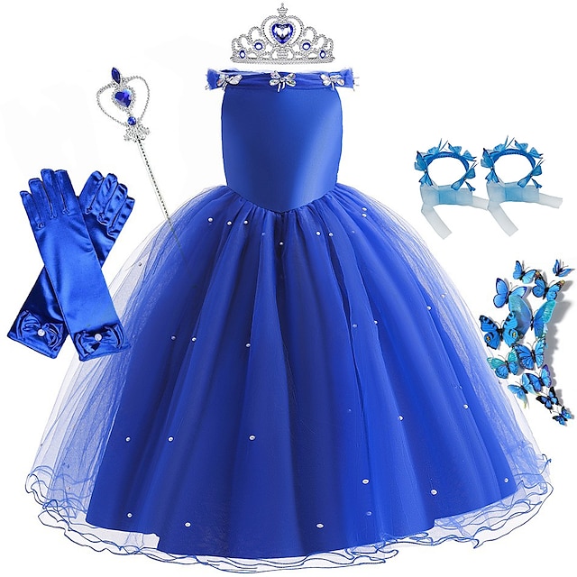  Cinderella Fairytale Princess Flower Girl Dress Theme Party Costume Tulle Dresses Girls' Movie Cosplay Blue (With Accessories) Dress Halloween Carnival Masquerade World Book Day Costumes