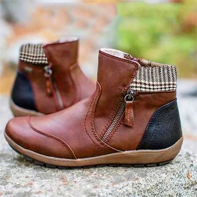  Women's Boots Plus Size Outdoor Daily Plaid Color Block Booties Ankle Boots Winter Zipper Flat Heel Round Toe Vintage Casual Walking PU Leather Zipper Black Wine Purple