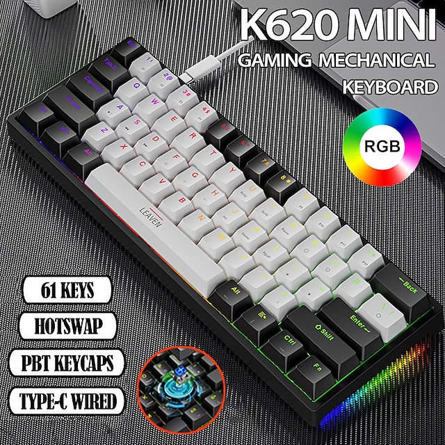  K620 Mini Gaming Mechanical Keyboard green Axis Red Axis 61 Keys RGB Hotswap Type-C Wired Gaming Keyboard PBT Keycaps Ergonomics Keyboards