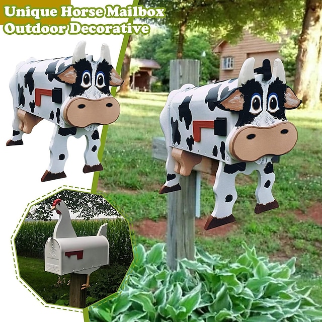  Buzón de vaca de caballos únicos, buzón de animales personalizado creativo, buzón de correo hecho a mano, adecuado para patio de jardín, decoración de casa de madera caballo al aire libre