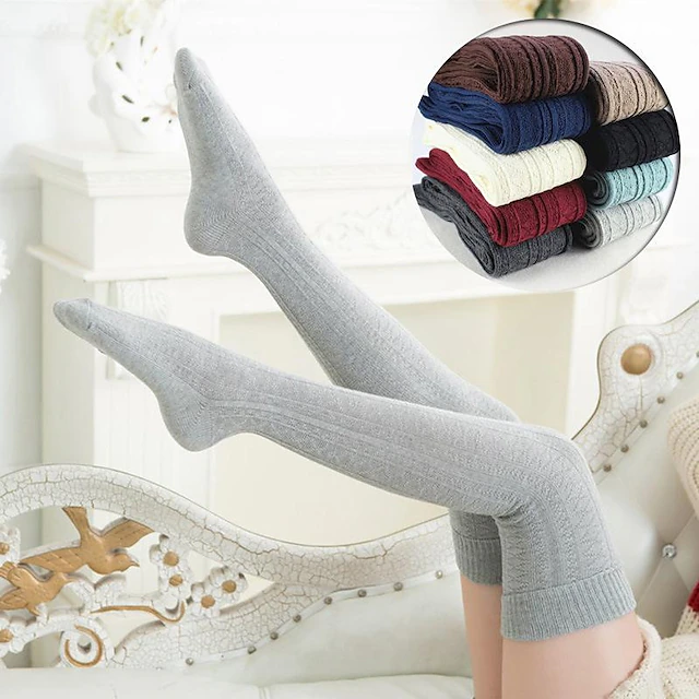 Women's Stockings Thigh-High Crimping Socks All Seasons Tights Thermal Warm Stretchy Knitting Fashion Casual Daily Navy Black White One-Size 16