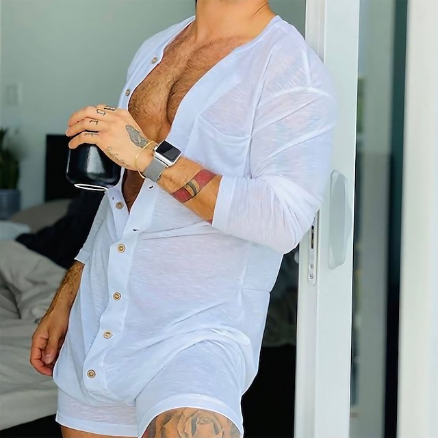 Men's Sexy Jumpsuit Bodysuit Pajamas Casual Shorts Cotton Blend Cross ...