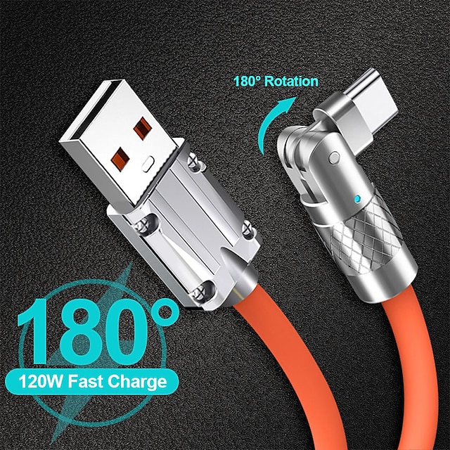  Zinc Alloy Mobile Phone Data Cable Elbow 180Rotating Liquid Silicone Game Fast Charging With Light 6A