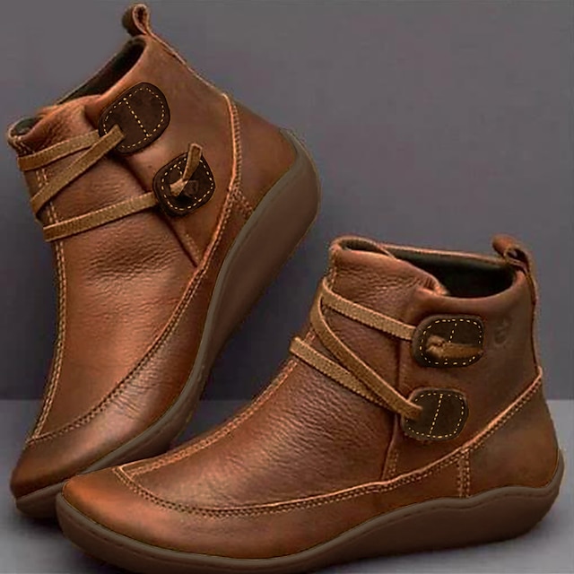  Women's Brown Casual Ankle Boots with Double Buckle Straps - Comfortable Everyday Footwear for Fall and Winter