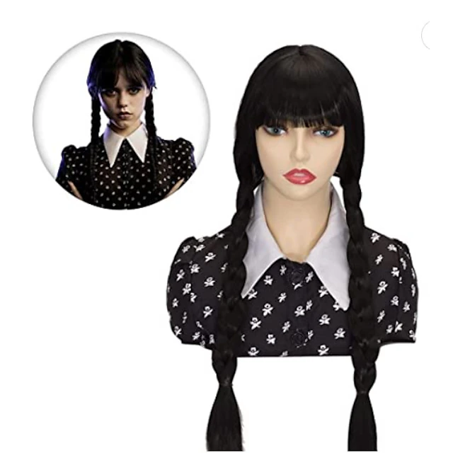 Kid's Wednesday Addams Floral Black Dress Plaits Pigtails Wig For Girls ...