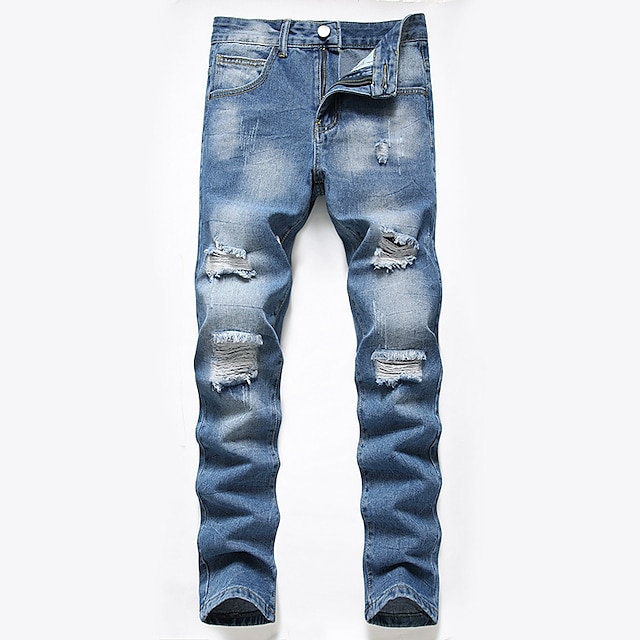  Men's Jeans Trousers Denim Pants Pocket Ripped Straight Leg Plain Wearable Outdoor Daily Holiday Cotton Blend Basic Fashion Blue Micro-elastic