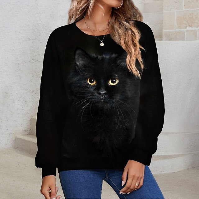  Women's Sweatshirt Pullover Basic Black Cat Street Plus Size Round Neck Long Sleeve