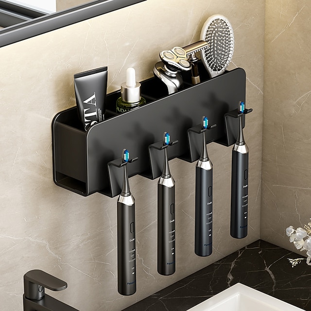  Suporte para escova de dentes preto banheiro banheiro não perfurado montado na parede elétrico copo de escova escova copo espaço montado na parede rack de armazenamento de alumínio