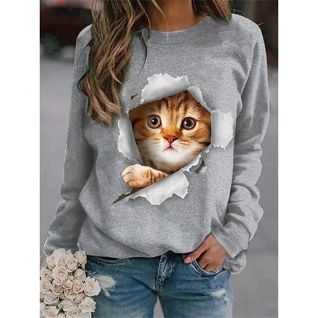  Women's Sweatshirt Pullover Basic Gray Cat Street Long Sleeve Round Neck