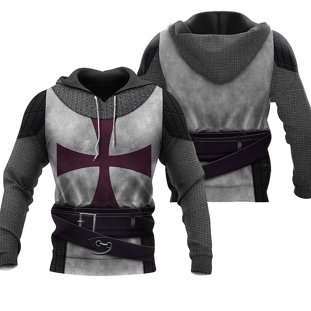 Men's Knight Templar Cross Hoodie – Gray, Lightweight, Pullover, 3D Graphic, Sizes M-2XL