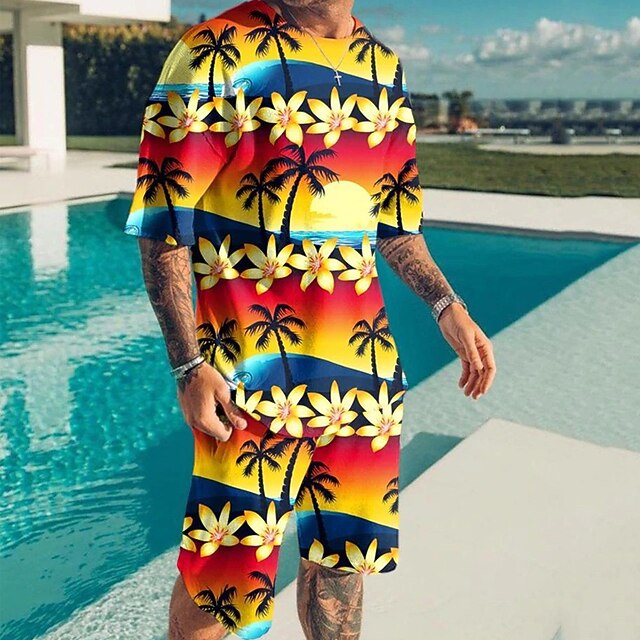 Men's Shorts and T Shirt Set TShirt Outfits Graphic Coconut Tree Crew
