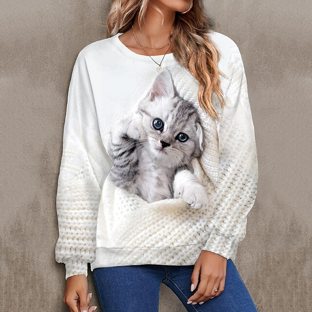  Women's Sweatshirt Pullover Basic White Cat Street Plus Size Round Neck Long Sleeve