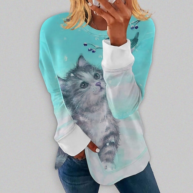  Women's T shirt Tee Yellow Pink Red Print Cat Daily Weekend Long Sleeve Round Neck Basic Regular 3D Cat Painting S